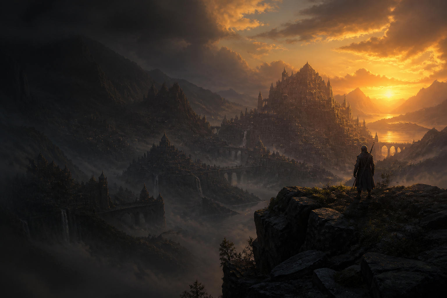 A lone traveler overlooks an immense mountain city at sunset.